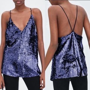 NWT Zara blue sequin black strappy camisole Large